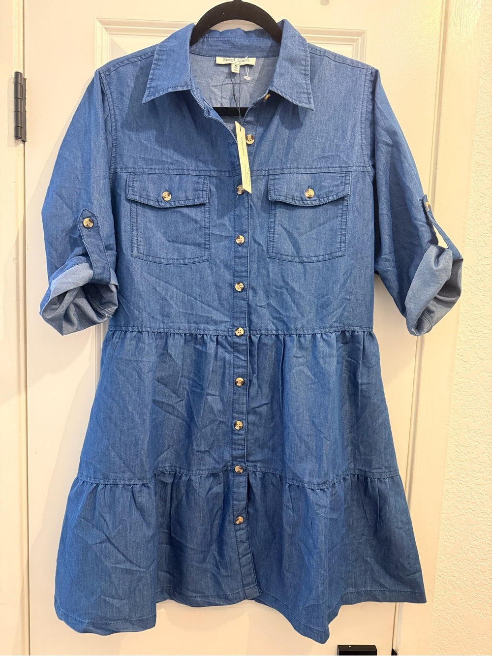 Denim Button-Front Tiered Dress - Blue